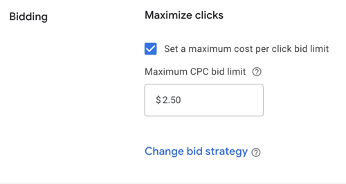 screenshot of Google ads maximize click bidding strategy in campaign settings