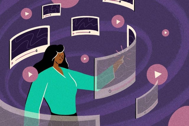 illustration of women surrounded by digital video ads selecting play button