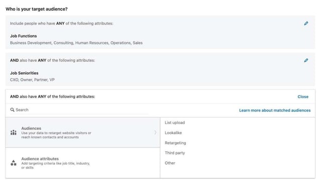 screenshot of linkedin ads job function and seniority in campaign manager