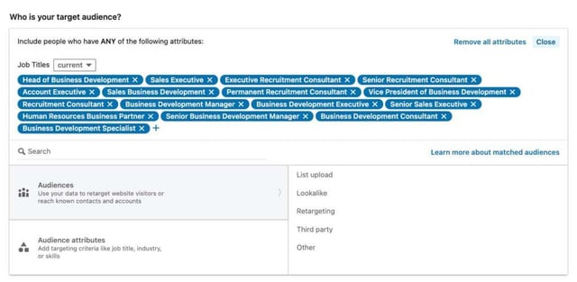 screenshot of linkedin ads job titles in campaign manager