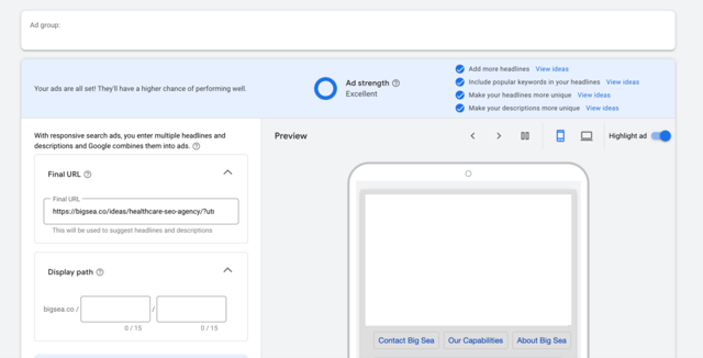 Shows the screen for configuring your responsive search ad.