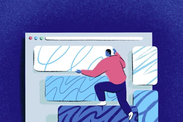 illustration of man climbing into display ads on website