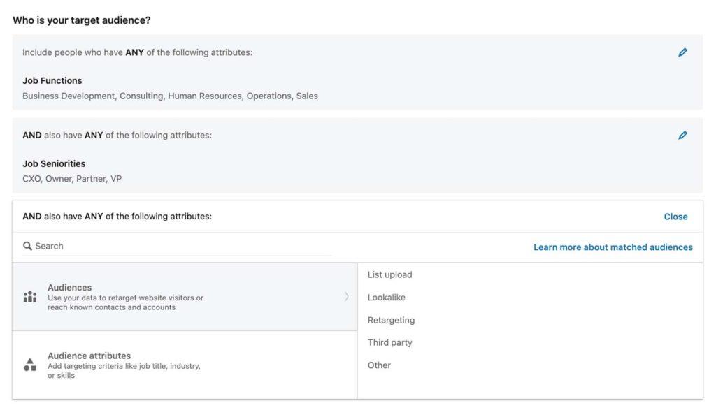 screenshot of linkedin ads job function and seniority in campaign manager