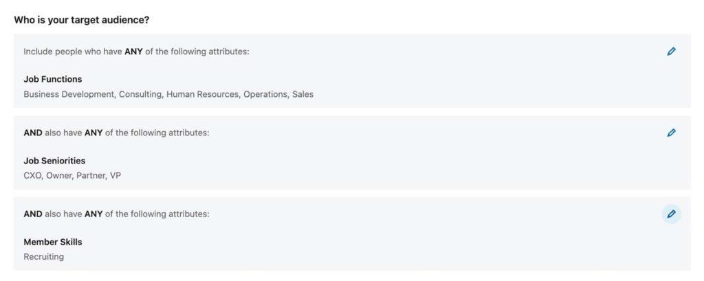 screenshot of linkedin ads job function and seniority and skill in campaign manager