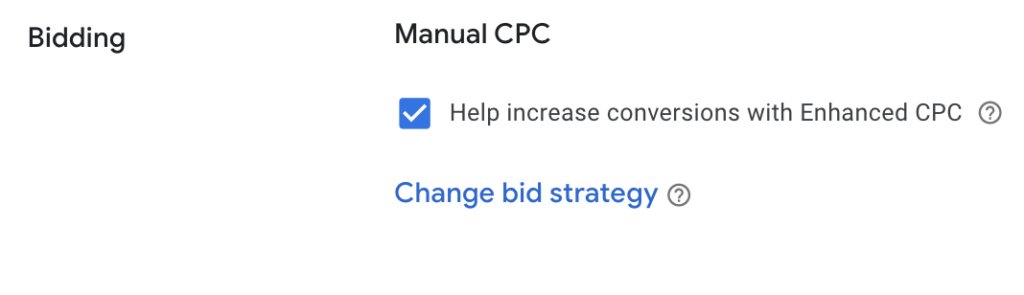 screenshot of Google ads eCPC bidding strategy in campaign settings