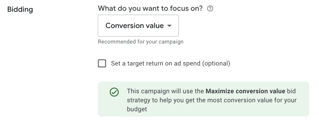screenshot of Google ads maximize conversion value bidding strategy in campaign settings