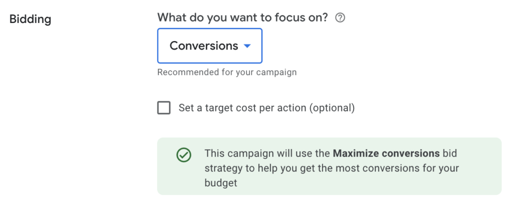 screenshot of Google ads maximize click bidding strategy in campaign settings