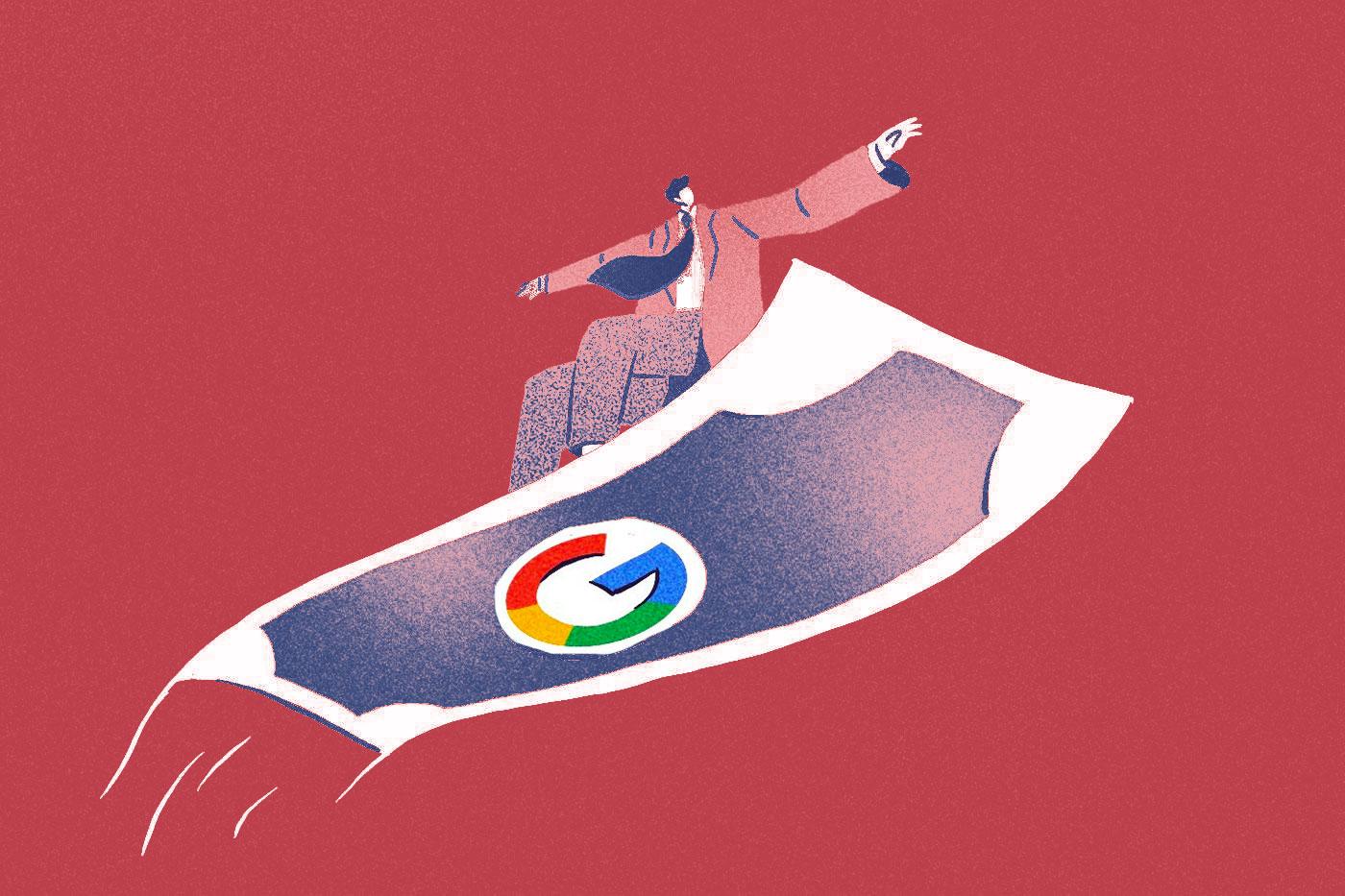 illustration of man flying on google dollar