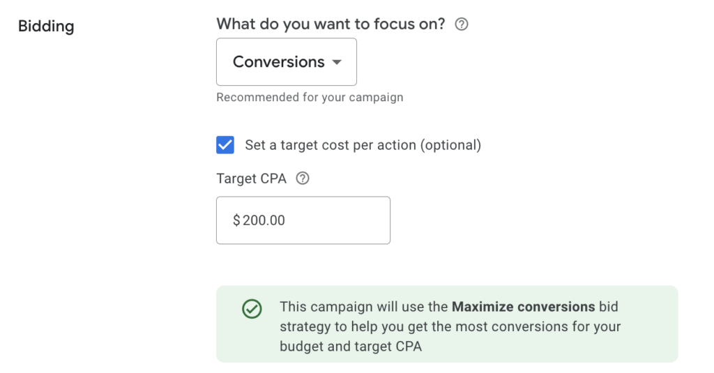 screenshot of Google ads tCPA bidding strategy in campaign settings