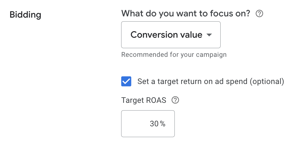 screenshot of Google ads tROAS bidding strategy in campaign settings