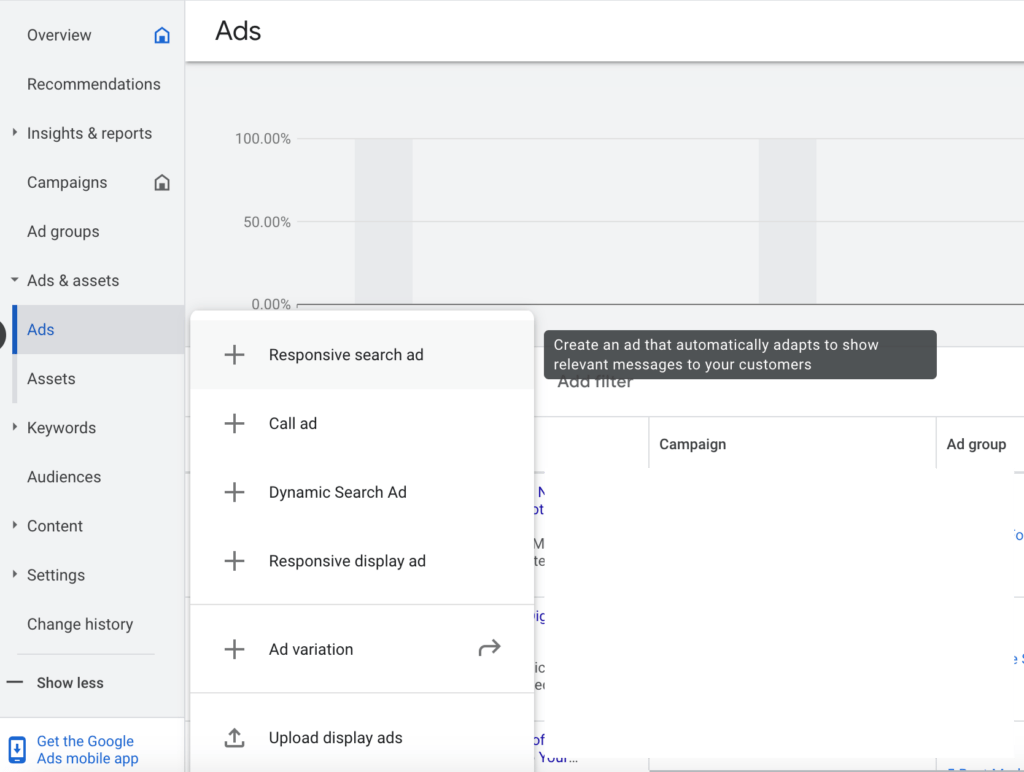Shows where to click to create a responsive search ad in Google Ads