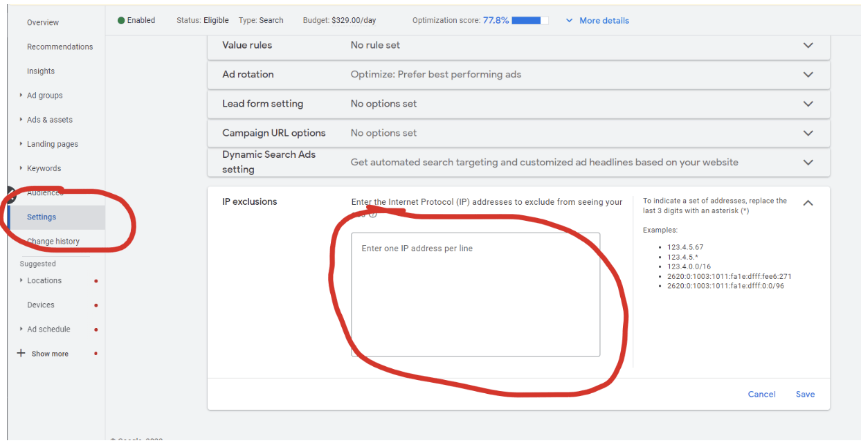 Google Ads settings page with IP exclusion box open, showing how to manually block suspicious IP addresses.
